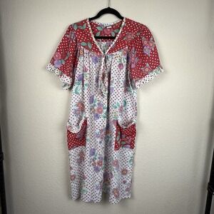Vtg All Day Cafe Red Purple Ruffle Sleeve Snap Front Nap House Dress Robe Sz M
